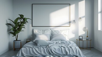 Minimalist Bedroom with Glass Nightstand and Frame Mockup,3D Rendering of Clean Contemporary Interior