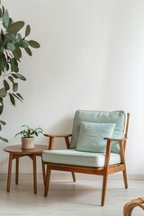 Modern wooden armchair with mint green cushion in a minimalist living room setting