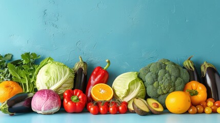 An organized assortment of healthy vegetables and fruits placed on a blue surface, symbolizing a balanced diet and a colorful selection of natural foods featuring greens and other produce.