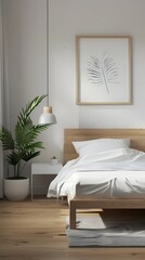 Minimalist Bedroom with Sleek Bed and Nightstand - Soothing 3D Rendering of Clean,Modern Interior Design