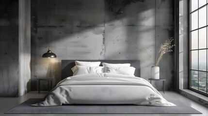 Minimalist Bedroom with Steel and Concrete Wall,Modern Home Mockup 3D Render