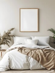 Minimalist Bedroom with Solitary Artwork Frame Mockup,Clean and Modern 3D Rendering