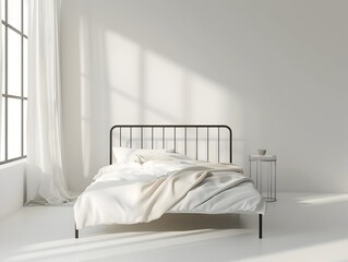 Minimalist Bedroom with Steel Bed Frame and Clean Interior Design in 3D Rendering