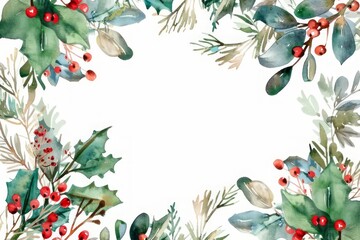 Watercolor illustration of Christmas frame with pine or spruce branch and red berries in retro style on white background for banner. Flat lay with copy space. New year greeting card. 