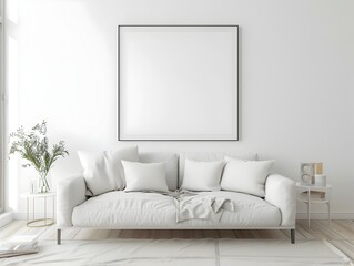 Minimalist Chic Living Room with Serene White Sofa and Decor
