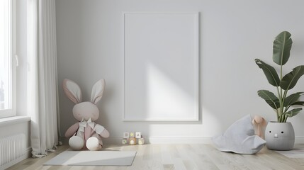Minimalist Children s Room with Blank Frame and Natural Lighting Home Interior Mockup 3D Render