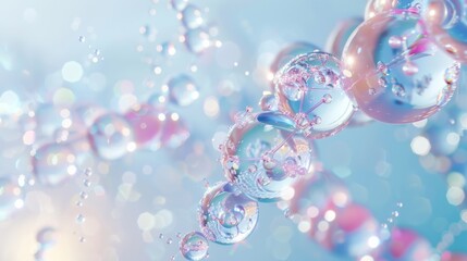 Photo of Cosmetic Essence, Liquid Soap Bubble, Molecules Inside Liquid Bubble on DNA Splash Background,