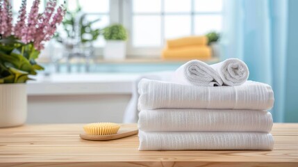 A pile of neatly stacked white towels placed on a wooden surface, set against a brightly lit bathroom environment, symbolizing neatness and relaxation.