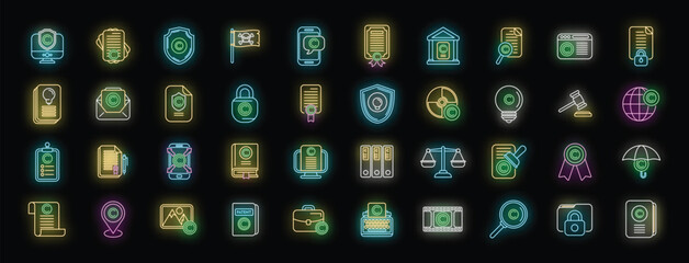 Copyright law icons set outline vector. Author contract. Property patent neon color on black