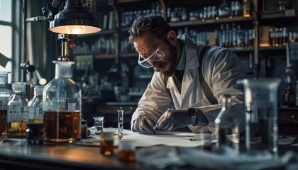 A scientist in a laboratory carefully examining a test tube, with various scientific instruments and charts in the background