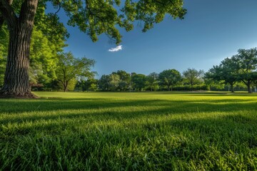 Fototapeta premium Grassy Park Landscape: Green Lawn with Trees Under Beautiful Blue Sky