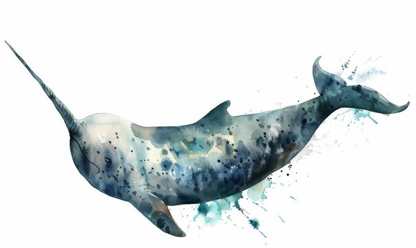 watercolor narwhal swimming, blue and gray clip art preview