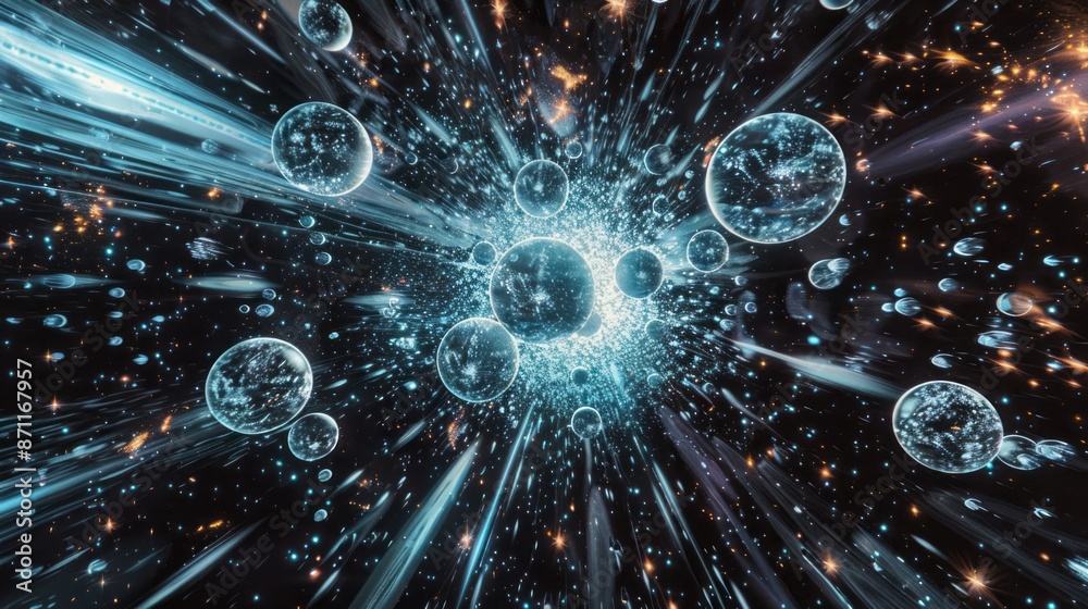 Poster a digital artwork depicting a multitude of universes swirling and colliding in a mesmerizing display
