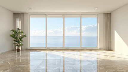 Obraz premium Empty room in light beige tones with large windows and sea view