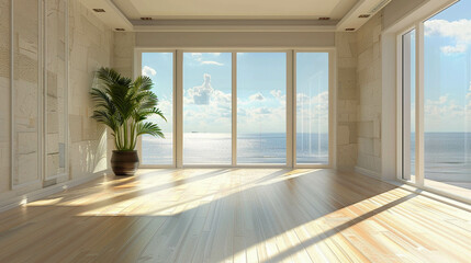 Fototapeta premium Empty room in light beige tones with large windows and sea view