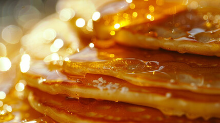 Delicious pancakes with a honey close-up.