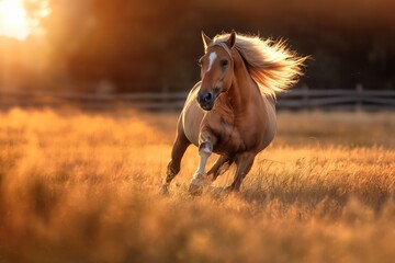 A light brown horse gallops energetically in a sunlit field, showcasing elegance and freedom. The sun's golden rays illuminate the scene, creating a warm and vibrant ambiance.