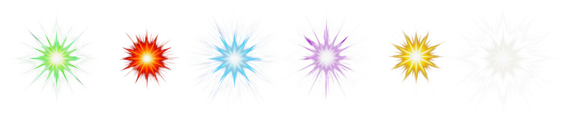 Six vibrant starburst light effects in green, red, blue, purple, yellow, and white - isolated transparent png
