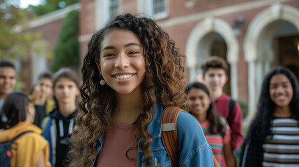 Fototapeta premium Beautiful african american girl stand in front the library with friends