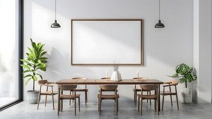 Minimalist Dining Room with Blank Frame on Plain Wall 3D Home Mockup