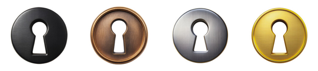Four round keyholes in various finishes: black, bronze, silver, and gold - isolated transparent png