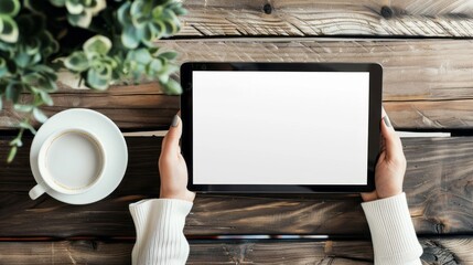 Top view of womans hands holding blank tablet on wooden table with coffee cup. Clean, minimalist aesthetic ideal for showcasing digital content