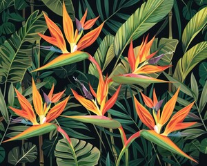 Birds of Paradise Plant. Ornate Tropical Plant and Flowers with Bamboo Background