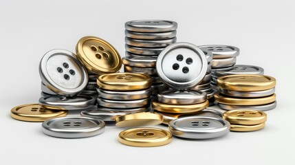 An array of metal buttons in different sizes, forming a pile on a white background, ideal fashion and clothing design.