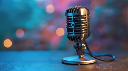 Desk Microphone. Vintage Audio Broadcasting Concept with Classic Cyanic Background