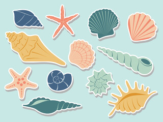 Cute shells sticker pack. Hand drawn color seashell collection. Ocean sea life conch coral starfish. Marine underwater abstract elements. Summer vacation Vector set for scrapbook