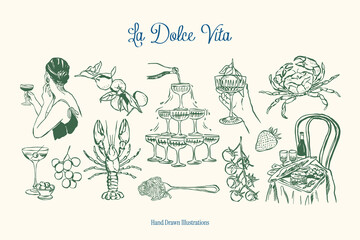 Minimalist hand drawn food and beverages vector illustration collection. Art for greeting cards, wedding invitations, poster design, postcards, branding, logo design, background.	