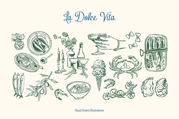 Minimalist hand drawn food and beverages vector illustration collection. Art for greeting cards, wedding invitations, poster design, postcards, branding, logo design, background.	