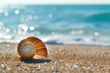 Nautical Shell. Beautiful Nautilus Pompilius Sea Shell on British Coastal Beach Background