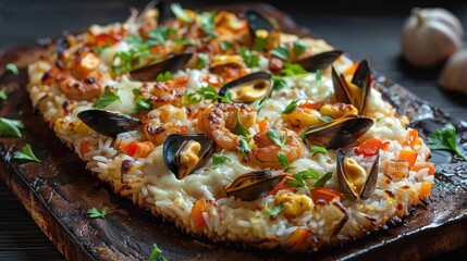 A mouthwatering seafood pizza topped with a variety of fresh ingredients such as mussels, shrimp, and colorful vegetables, beautifully displayed on a rustic wooden board.