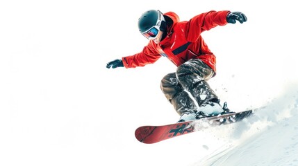 Snowboarder Jumping on White Background. Portrait of Young Man Freestyling on Snowboard
