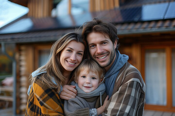 A Caucasian family hugs in front of a house powered by solar panels.