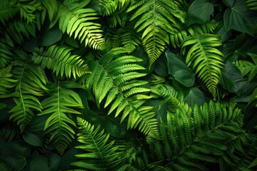 Fototapeta premium Dark Greenery. Gloomy Top View of Large Fern Leaves in the Moonlight