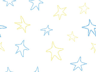 Cute Starry seamless Pattern. Pencil Crayon texture Child drawing. Outline star yellow blue color. Doodle abstract illustration. Kids funny background