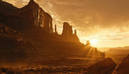 A low angle shot of a dramatic red rock desert landscape at sunrise, with towering buttes and mesas, shot with a Canon EOS1D X Mark III, wide angle lens, warm earthy tones