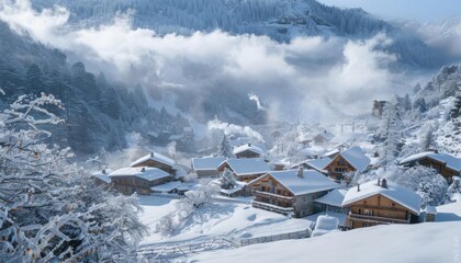 A wide angle shot of a serene mountain village under a blanket of fresh snow