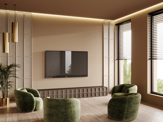 Livingroom in hotel or office. Meeting area for relax and TV.
