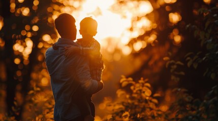 A heartwarming silhouette of a man holding a young child against a backdrop of a golden sunset, surrounded by lush greenery, evoking feelings of love and connection.