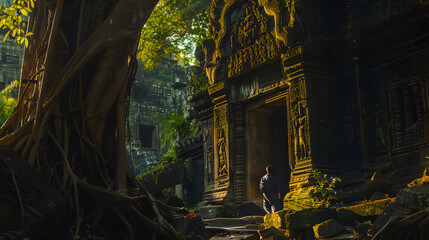 An explorer navigating through an ancient jungle temple.