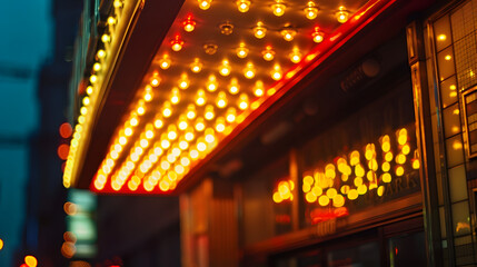 An old-fashioned movie theater marquee lit up at night showing a 1970s blockbuster.