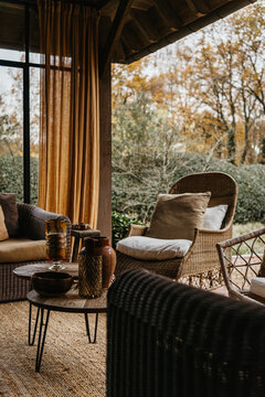 Outdoor patio scene with elegant table setup