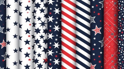 An assortment of patriotic images with mixed patterns of stars and stripes in classic red, white, and blue colors, ideal for themed decorations, celebrations, and designs.