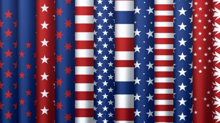 Various patriotic celebration patterns, showcasing an array of red, white, and blue hues with stars and stripes, representing American pride and themes suitable for national events.