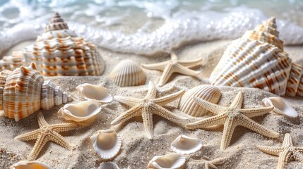 A sunny beach setting with starfish and various sea shells scattered on the sand, with gentle waves in the background, conveying a feeling of relaxation and a coastal retreat.