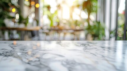 Photograph of blank white marble on a blurred background. For editing images or displaying products Space for placing things on tables, displaying products, and food.