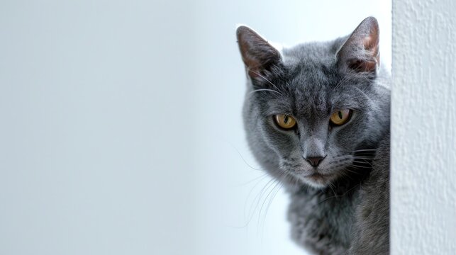 Grey cat showing emotions in corner on white background pet theme